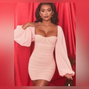 OH POLLY FEELING GOOD Long Puff Sleeve Ruched Mesh Mini Dress size US 6 NEW